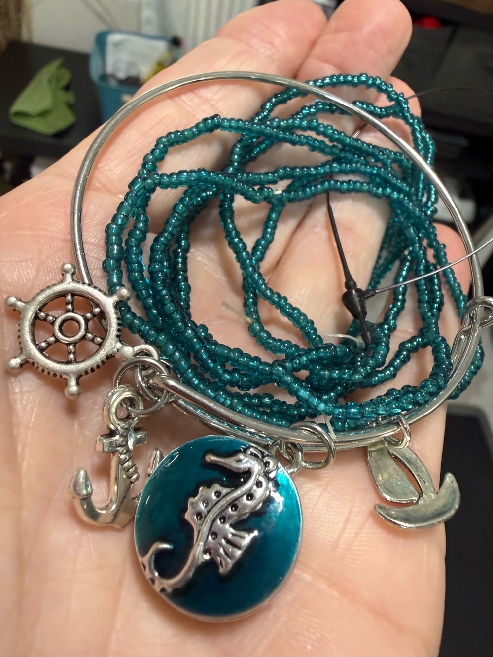 Teal Seaglass Seadragon Charm Bracelet Stack - Women Jewelry